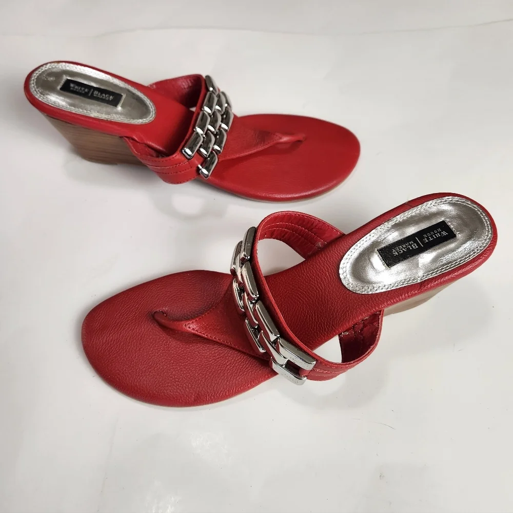 WHBM Red Leather Heavy Chain Accent Wedge Thong Sandals Size 10M